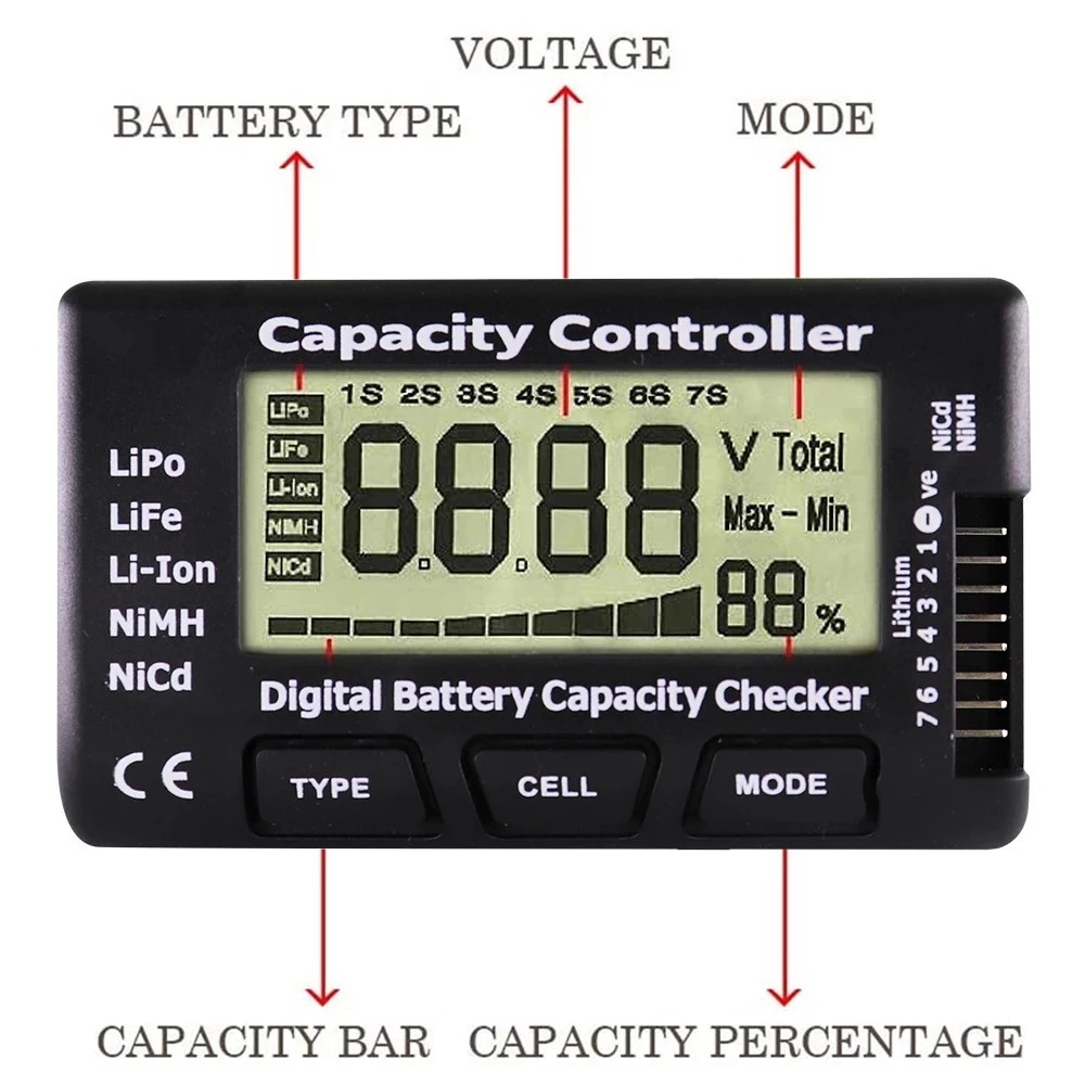 เครื่องทดสอบความจุแบตเตอรี่ดิจิทัล LCD LiPo Li-lon NiMH 7 CellMeter8 2-8S 4-8S