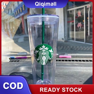 [คลังสินค้าพร้อม] Creative Water Cup Bpa-free Classic Tumbler Straw Cup Cold Cup Double Layer Plastic Cup Reusable Transparent Cup 473/710ml &amp;#39;QIQI