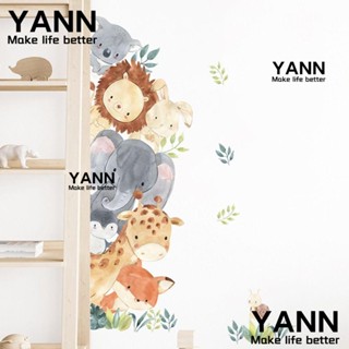 Yann1 สติกเกอร์ติดผนัง ลายสัตว์ป่า สิงโต ช้าง สีน้ํา ขนาด 33.5x19.3 นิ้ว สําหรับตกแต่งห้องนอนเด็ก เนอสเซอรี่