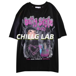 CHILLG LAB เสื้อยืดผู้ชายอินเทรนด์กระแสน้ำแบรนด์ฤดูร้อนเมืองสไตล์แขนห้าส่วนพิมพ์หลวมรอบคอขี้เกียจแฟชั่นเยาวชน