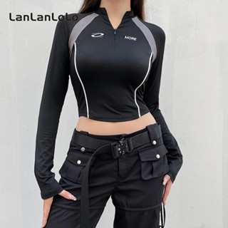 Lanlanlolo เสื้อยืดลําลอง แขนยาว คอปก มีซิป เข้ารูป สีตัดกัน แฟชั่นสําหรับสตรี 2023