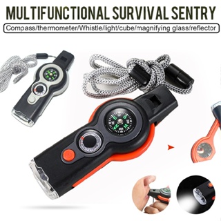 7 In 1 Survival Safety Whistle Compass Thermometer LED Mirror Magnifying Glass