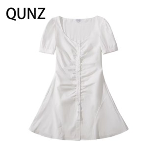 Qunz ชุดเดรส คอสี่เหลี่ยม แขนสั้น สีขาว แฟชั่น 23044