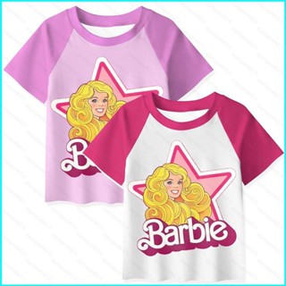 เสื้อยืด พิมพ์ลายการ์ตูนอนิเมะ Barbie Henley แฟชั่นฤดูร้อน สําหรับเด็กผู้หญิง