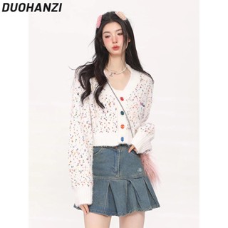 Duohanzi เสื้อคาร์ดิแกนกันหนาว คอวี ผ้าถัก ทรงหลวม ลายจุด สําหรับเด็กผู้หญิง