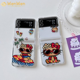 Wenwen เคสโทรศัพท์มือถือหนัง ลายคิตตี้ สีดํา แฟชั่น สําหรับ Samsung Z Flip4 Z Flip3 สามชิ้น