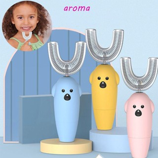 Aroma แปรงสีฟันไฟฟ้า รูปตัว U ซิลิโคนนิ่ม ตั้งเวลาได้ 360 องศา สําหรับเด็กวัยหัดเดิน 2-12 ปี