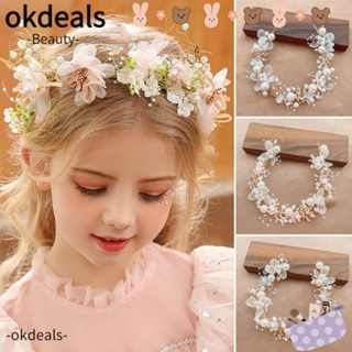 Okdeals ที่คาดผมเจ้าสาว ประดับมุกเทียม หรูหรา พวงหรีดดอกไม้ สําหรับงานแต่งงาน