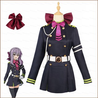 Mg Seraph of the End Hiiragi Shinoa ชุดเดรสคอสเพลย์ ประดับโบว์ เหมาะกับปาร์ตี้ฮาโลวีน สําหรับผู้หญิง