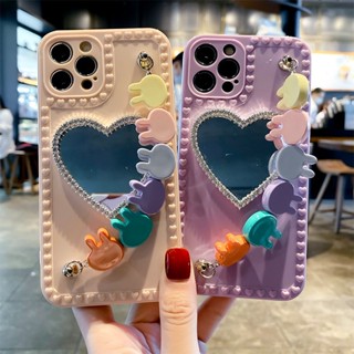 เคสป้องกันโทรศัพท์มือถือ แบบนิ่ม ลายหัวใจ มีกระจก สําหรับ Apple IPhone 13 12promax 11 XS 8plus