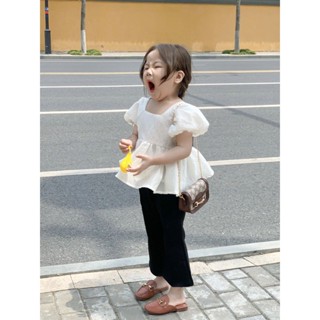 Korean childrens clothing 2023 spring and summer girls backless bubble sleeve top black trumpet pants two-piece set TDW0