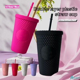 นำกลับมาใช้ใหม่ได้ Straw Cup Durian Series Diamond Cup Double Plastic Diamond Coffee Cup 473ml/16oz สามารถใช้ในสำนักงานและที่บ้าน TH1