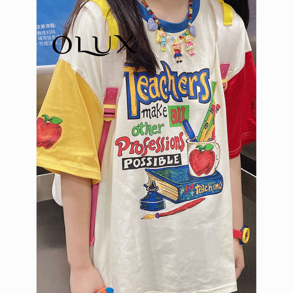 Olux เสื้อยืดแขนสั้น ผ้าฝ้าย 100% พิมพ์ลาย Super Age-Reducing สีตัดกัน สไตล์เรโทร อเมริกัน แฟชั่นฤดูร้อน สําหรับผู้หญิง 9BUT