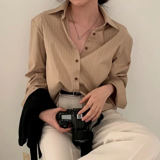 เสื้อเชิ้ตแขนยาว คอโปโล ทรงหลวม ลายทาง แบบเรียบ สไตล์เกาหลี สําหรับผู้หญิง