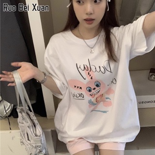 RUO BEI XUAN เสื้อยืดสตรีฤดูร้อนใหม่คอกลมผ้าฝ้ายพิมพ์เสื้อยืดแขนสั้น