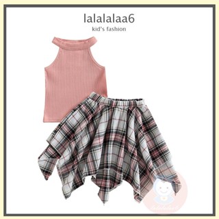 Laa6- เสื้อกล้ามแขนกุด สีพื้น และกระโปรง ลายสก๊อต เอวยางยืด สําหรับเด็กผู้หญิง