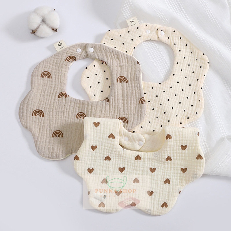 PN ผ้าซับน้ำลายเด็กคอบัว ผ้ากันเปื้อนเด็ก ผ้าฝ้ายทอ 4 ชั้น กระดุมพลาสติก ปรับ 2 ระดับ รอบคอ 23-29 cm