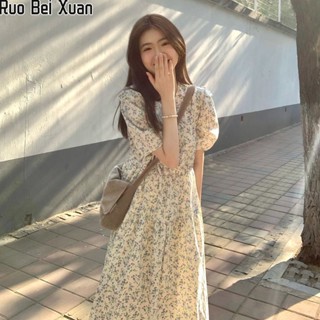 RUO BEI XUAN ชุดเดรสสตรีฤดูร้อนใหม่สไตล์เกาหลีแขนพองลายดอกไม้เอวเล็กสลิมเดรส