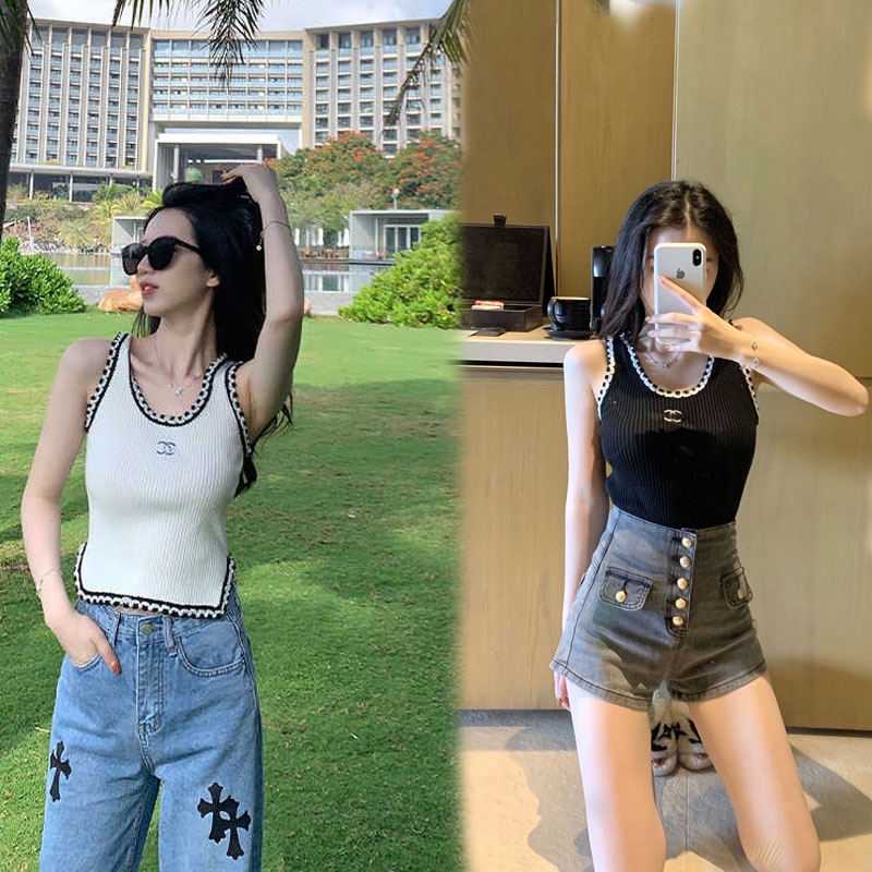 Chili_k k 45033 เสื้อกล้าม แขนกุด เสื้อกล้าม ผ้าถัก เสื้อกล้ามครอป สไตล์เกาหลี