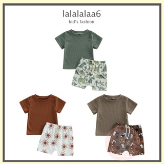 Laa6- เสื้อยืดแขนสั้น ลายวาฟเฟิล และกางเกงขาสั้น ยืดหยุ่น สําหรับเด็กผู้ชาย