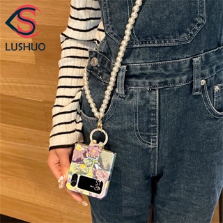 Lushuo เคสโทรศัพท์มือถือแฟชั่น ลายดอกไม้ พร้อมแหวนขาตั้ง ประดับไข่มุก และสายคล้อง สําหรับ Samsung Galaxy Z Flip 3 5G and Z Flip 4 Z Flip3 ZFlip3 ZFlip 3 Z Flip4 ZFli