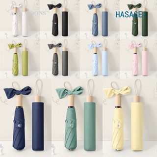 Hasagei ร่มกันแดด ด้ามจับไม้ กันน้ํา ป้องกันรังสีอัลตราไวโอเลต สีพื้น แบบพับได้