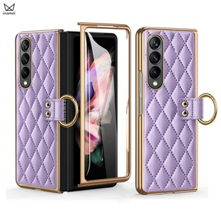 Insmei เคสโทรศัพท์มือถือหนัง ชุบ พร้อมแหวนขาตั้ง สําหรับ Samsung Galaxy Z Fold 4 3 5G Z Fold4 Fold3