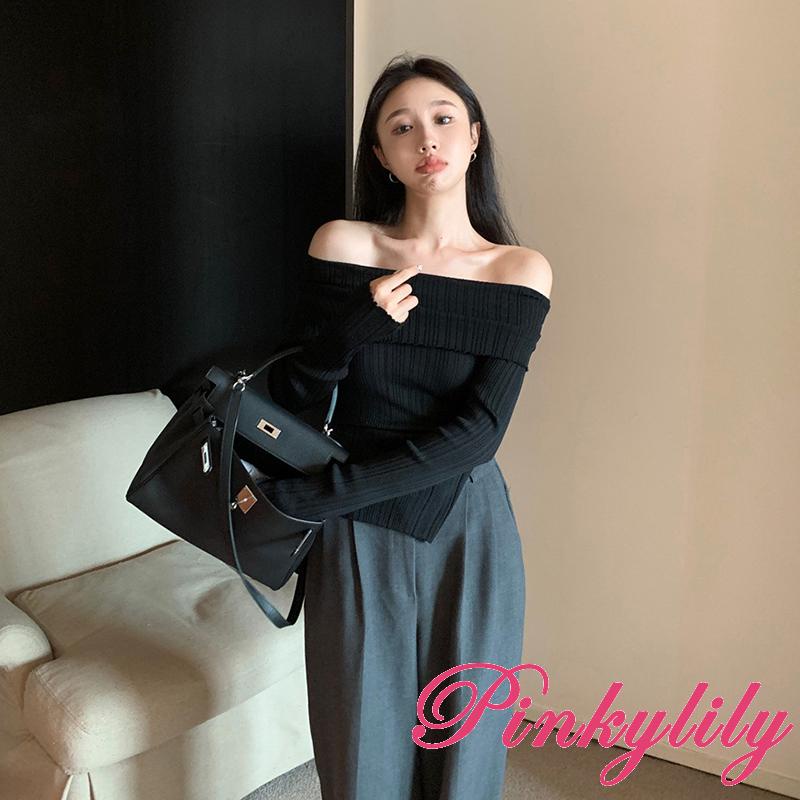 Pink- เสื้อแขนยาว เปิดไหล่ ผ้าถัก ลําลอง สีพื้น ผ่าข้าง สําหรับผู้หญิง ไปคลับ สตรีทแวร์ - รูปที่ 5