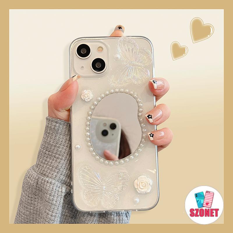 เคสโทรศัพท์มือถือแบบนิ่ม อีพ็อกซี่ ใส กันกระแทก ลายผีเสื้อ ดอกกุหลาบ พร้อมกระจก ไข่มุก แฟชั่น สําหรับ iPhone 14 13 12 11 Pro Max 14 Plus
