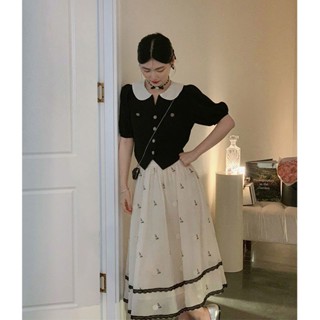 2023 Summer New High-end Sense Tea Style Elegant Doll Collar Top Lace Skirt Two-piece Suit