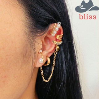 BLISS ต่างหูแบบหนีบ ประดับพู่ สีทอง เครื่องประดับแฟชั่น สําหรับผู้หญิง 8 ชิ้น