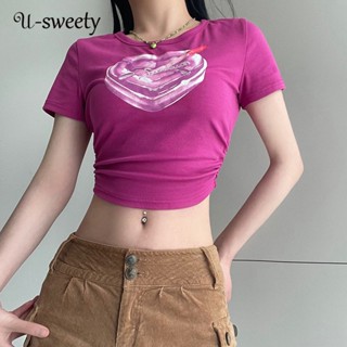 U-sweety เสื้อยืด แขนสั้น เข้ารูป พิมพ์ลาย สีตัดกัน สําหรับผู้หญิง 2023