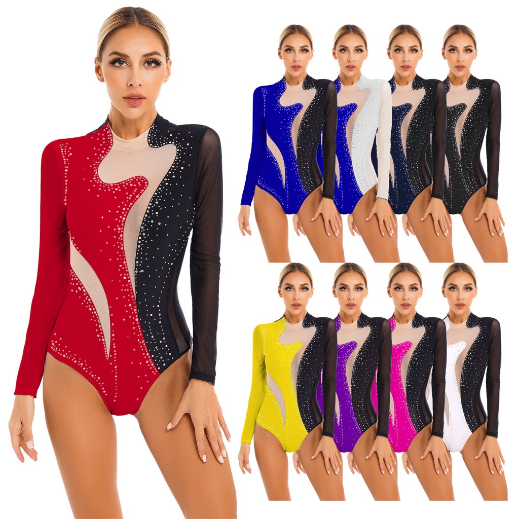 สตรีบล็อกสี Patchwork Leotard ประกาย Rhinestone Sheer ตาข่ายแขนยาวบอดี้สูทสําหรับยิมนาสติก Acrobactics Dance