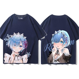 Re:Zero Anime Ramrem Emilia สีกรมท่าเสื้อยืดแขนสั้นพิมพ์ลายผ้าฝ้ายแขนสั้นเสื้อยืดบางและสวมใส่สบายสีน้ำเงินเข้ม