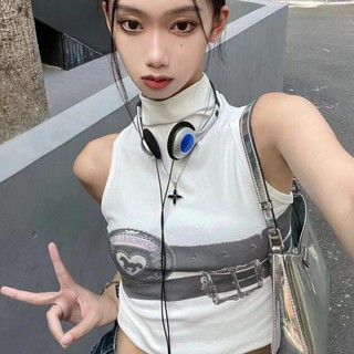 ขายดี เสื้อสายเดี่ยว คอสูง พิมพ์ลาย y2k สีขาว เซ็กซี่ สําหรับผู้หญิง