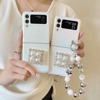 เคสโทรศัพท์มือถือ PC แข็ง กันกระแทก ประดับไข่มุก พร้อมสายโซ่คล้อง สําหรับ Samsung Galaxy Z Flip 4 5G Z Flip 3