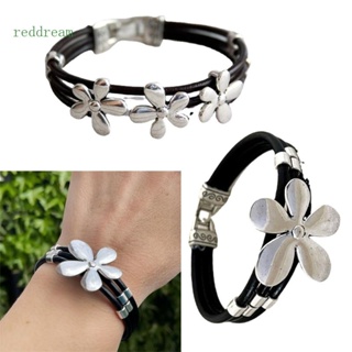 Redd สร้อยข้อมือเชือกหนัง หลายชั้น ลายดอกไม้ สีแดง