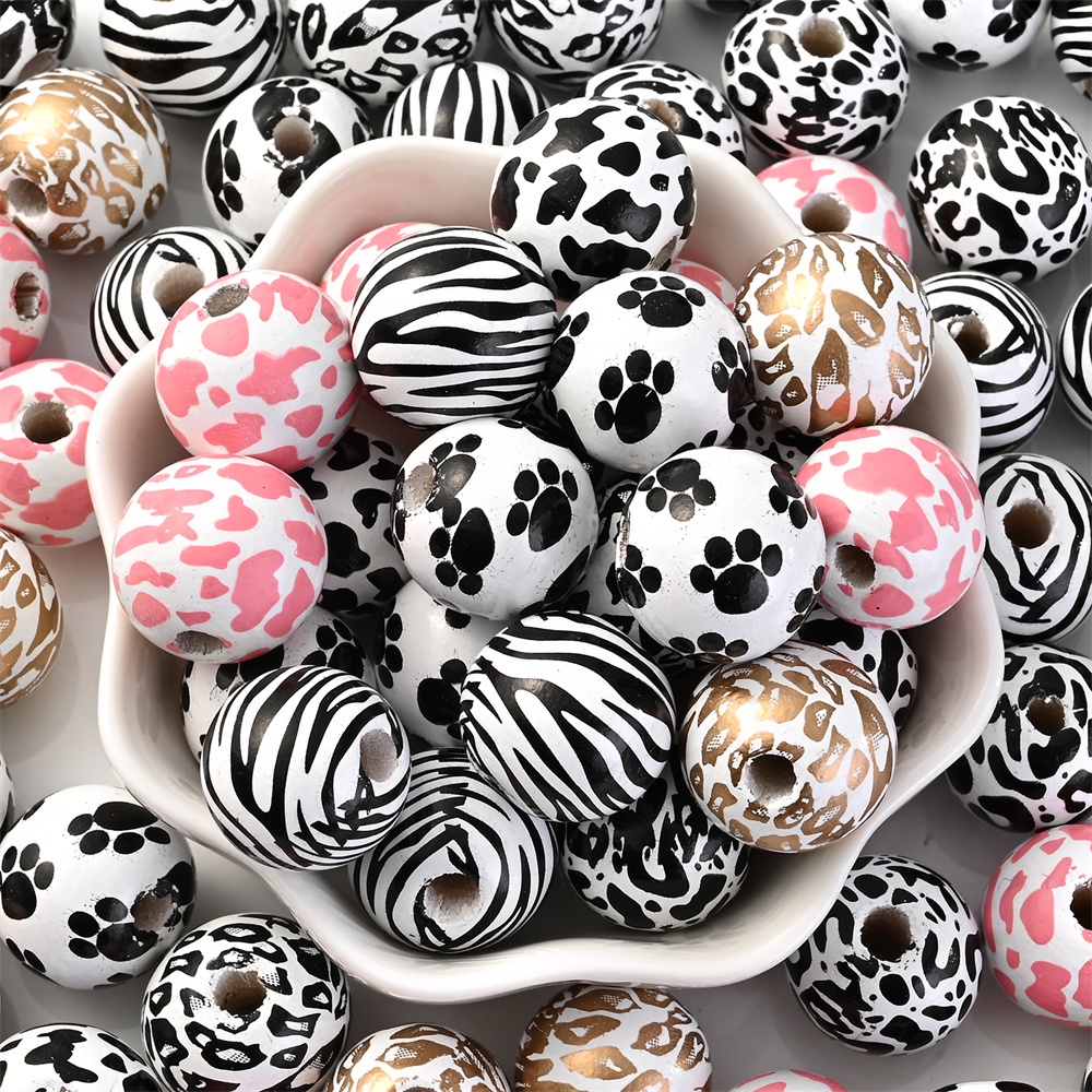 ลูกปัดไม้ธรรมชาติ ทรงกลม พิมพ์ลายเสือดาว 16 มม. สําหรับทําเครื่องประดับ สร้อยข้อมือ สร้อยคอ พวงกุญแจ DIY 10 ชิ้น