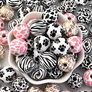 ลูกปัดไม้ธรรมชาติ ทรงกลม พิมพ์ลายเสือดาว 16 มม. สําหรับทําเค…