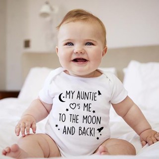 ชุดจั๊มสูทรอมเปอร์แขนสั้น พิมพ์ลาย My Aunt Loves Me To The Moon And With A Print สําหรับเด็กทารกแรกเกิดผู้ชาย และเด็กผู้หญิง