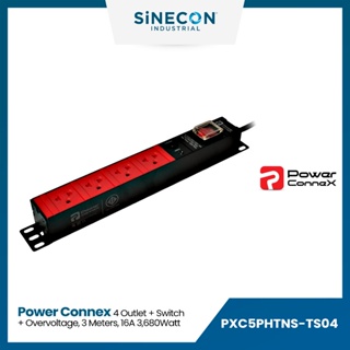 PowerConneX ปลั๊กไฟราง รุ่น PXC5PHTNS-TS04 | 4 Outlet สวิตช์, 16A 3680W ป้องกันไฟเกิน สายไฟยาว 3 เมตร (มีมอก.)