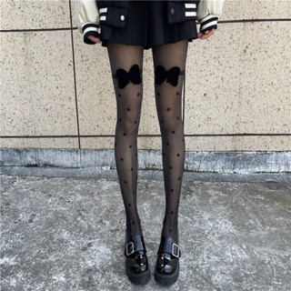 Versatile and Sexy Black Socks with Bow Ties, Pearlescent Wave Dot Black Socks, Large Round Dot Jumpsuit, Bow Knot Flocking Socks