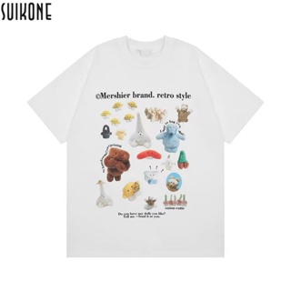 Suikone  เสื้อยืดผู้ชายแขนสั้นพิมพ์ลายการ์ตูนย้อนยุคอเมริกันน่ารักแขนสั้นพิมพ์ลายยอดนิยมใส่ได้ทั้งชายและหญิง