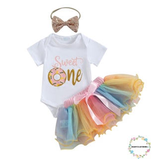 Babyclothes- ชุดรอมเปอร์ แขนสั้น พิมพ์ลายตัวอักษร และกระโปรงตูตู และที่คาดผม สําหรับเด็กผู้หญิง 3 ชิ้น