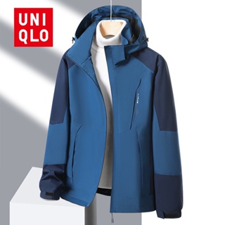 Uniqlo เสื้อแจ็กเก็ต มีฮู้ด กันน้ํา คุณภาพสูง สีพื้น เหมาะกับใส่เดินป่ากลางแจ้ง สําหรับผู้ชาย 2023