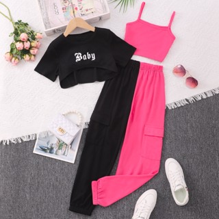 【พร้อมส่ง】เสื้อยืด เอวสูง และเสื้อกั๊ก และกางเกง แฟชั่นฤดูร้อน สําหรับเด็กผู้หญิง 8-18 ปี 3 ชิ้น