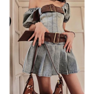 American Style Retro Slim Fit Puff Sleeve Denim Dress Womens Summer Design Sense Niche Double Belt Pleated Short Dress