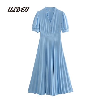 Uibey ขายส่ง ชุดเดรสพลีท คอวี เอวสูง สีพื้น 4032