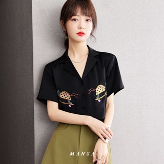 MANSA black summer embroidered shirt เสื้อเชิ้ตแขนสั้น เสื้อเชิ้ตน่ารัก