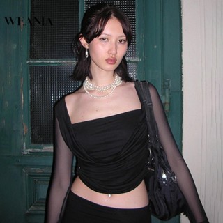 Weania เสื้อท็อป ผ้าตาข่าย สีพื้น เซ็กซี่ สําหรับผู้หญิง